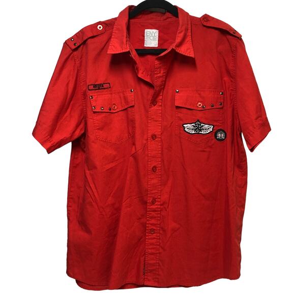 ENYCE Red Studded Embellished Short Sleeve Button Down Shirt Men's Size Large - Picture 1 of 10